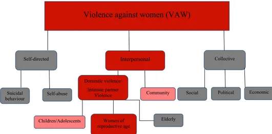 Figure 1. A typology of violence against women, modified after the world report on violence and health from WHO, according to which  violence may be physical, sexual and psychological, including deprivation and neglect [1]