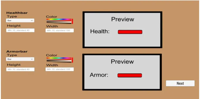Figure 1. Showcases UI customization for the health and armor element. The preview window  which shows the effect of changing the parameters is shown to the right 