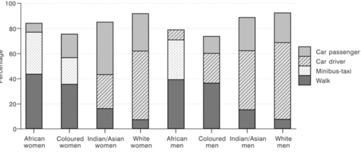 Figure 3. Modal choice by gender and race, Johannesburg, South Africa. (Source:  Adapted from 2002 census data for Johannesburg) 