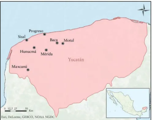 Figure 2.1 ! The state of Yucatán with some of the places mentioned in the the- the-sis