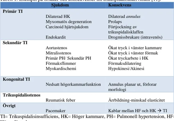 Tabell 1. Exempel på orsaker och konsekvenser till trikuspidalisklaffvitium [11].  