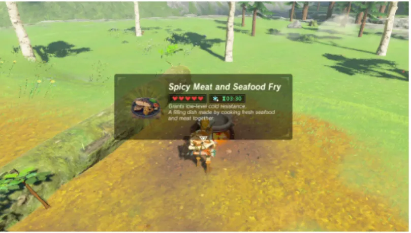 Figure 1: Screen shot from The Legend of Zelda: Breath of the Wild (2017) where  main character link has just accomplished cooking food which restores health.