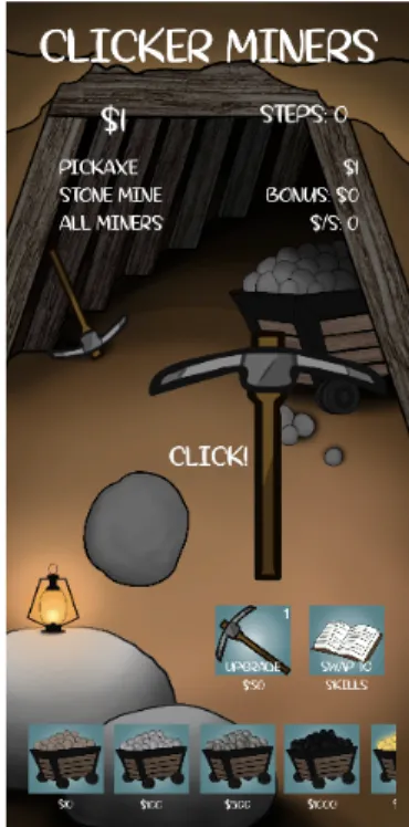 Fig. 1: How the game looks when first starting up. The game starts off within a simple Stone mine and a base pickaxe for the player