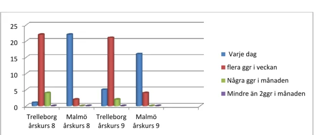 Diagram  3)  Fråga  nummer  3,  Hur  ofta  använder  du  Internet  överlag  i  din  vardag?  Detta  diagram visar att merparten av alla respondenter använder Internet dagligen i sin vardag