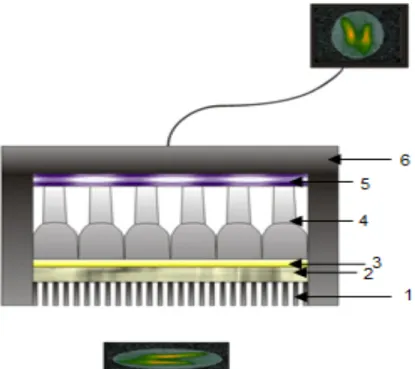 Figur 1. Gammakamerans uppbyggnad. 1) kollimator, 2) scintillationskristall, 3) ljusledare, 4)  PM-rör 5) förförstärkare samt positioneringssystemet, 6) blyskydd