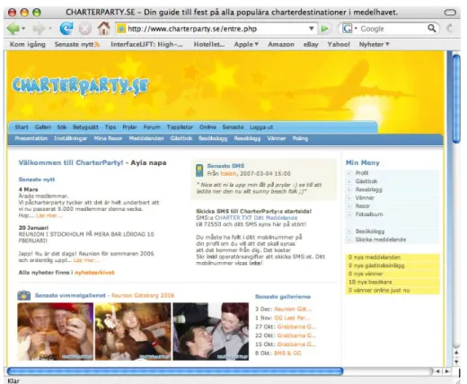Fig.  3.4  Screenshot  from  the  Charterparty  web  community.  Once  logged  in  the  visitor  is  welcomed  by  a  plethora  of  possible  ways  to  get  more  acquainted  with  a  resort  or  possible  travel companions