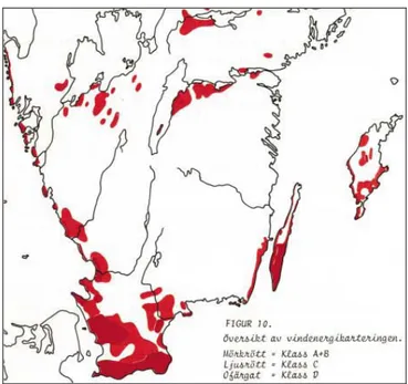 Figur 2: Karta hämtad ur: ”Vindarna över Sverige”.  NE 1983:16 (NE/Nämnden för energiproduktionsforskning) 