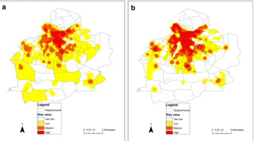 Fig. 2 a (left) RTM map using traditional geographical risk factors based on Table 2. b (right) RTM map using bus passenger data and variables based on Table 3