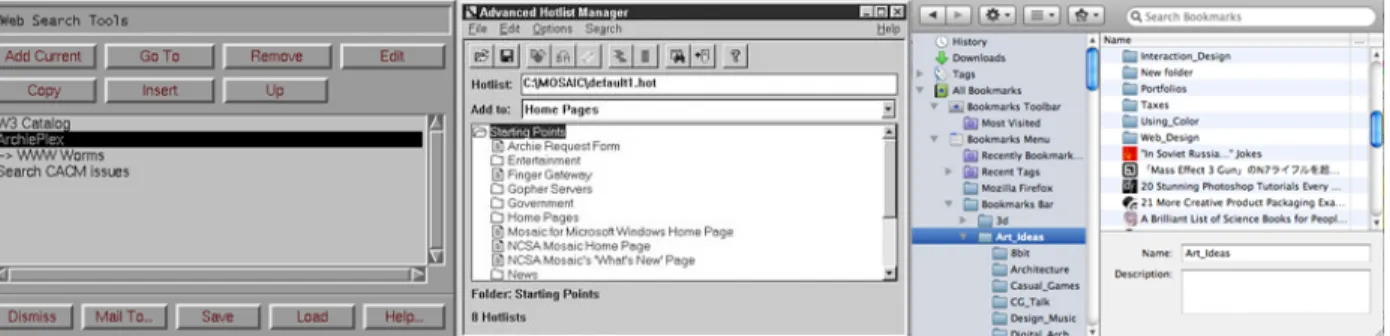 Figure 2: Evolution of Bookmarks - Hotlist (left), Advanced Hotlist Manager (middle),  Firefox Bookmark Manager (right)