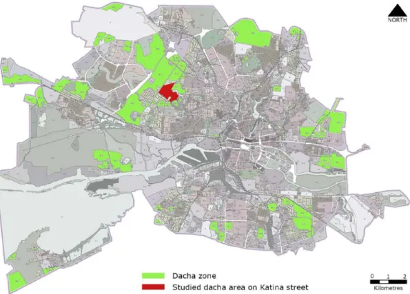 Figure 6. Dacha zone on the Land-use plan of Kaliningrad, The area described in the section 4.4 is  indicated with red colour