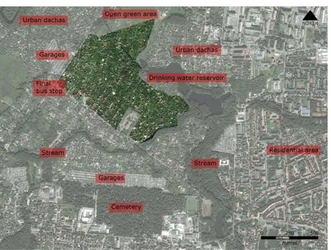 Figure 7. The studied area of the urban dachas on Katina street in Kaliningrad. Source: Yandeks