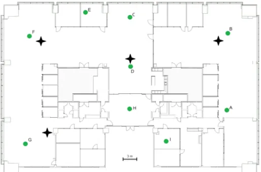 Figure 8: Mesh image with relay node placement (stars) and test positions (letters)