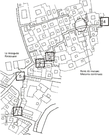 Fig. 3.6 Plan du Quar tier Sef fa rine.  Les  points  de me sure 1 à 5 des  me su res  mo men ta  -nées ain si que le point de me sure des  me su res  conti nues