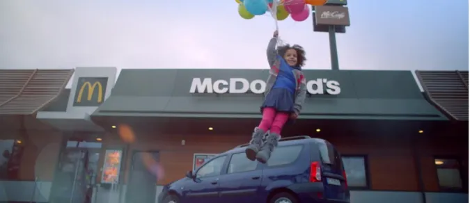 Figur 5 - 0:35. The flying girl with balloons gives an aura of magic to the fastfood chain.