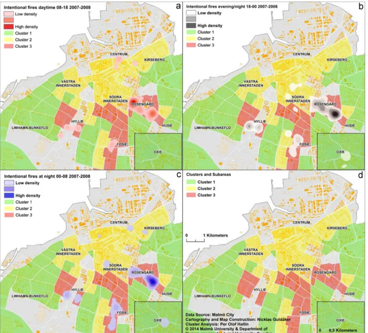 Fig. 7. a–d. Spatio-temporal hot spots of intentional ﬁres in residential sub-areas and three Clusters of sub-areas with varying degrees of exposure to social stressors.