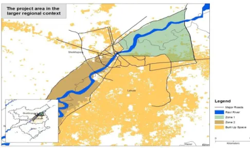 Figure 5-1 shows the overall limits of the project area in the regional context. The report of the public  authorities  shows  that  the  execution  of  the  plan  is  divided  into  2  zones  as  delimited  by  the  flood  containment zone and the riverfr