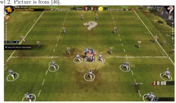 Figure 3.3: This screenshot from Blood Bowl 2 shows the start of a match in Blood Bowl 2