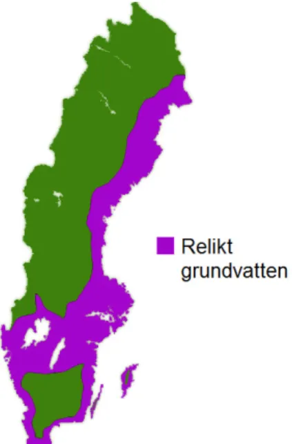 Figur 2.1 Skiss över var i Sverige relikt grundvatten förekommer. 