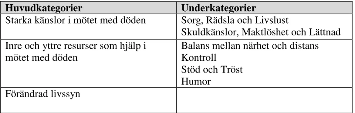 Tabell 2. Resultatets indelning i huvud- och underkategorier. 