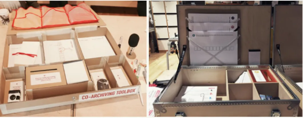Figure 1. Prototypes of the Co­archiving Toolbox made in cardboard and wood.