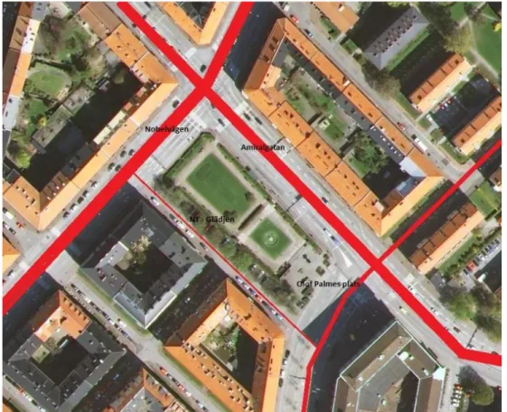 Figur 3. Axialkarta. Kartan visar trafikflöden runt Nobeltorget. Nobelvägen och Amiralgatan är mest belastat