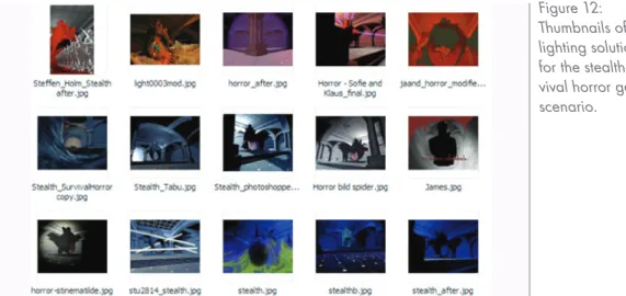 Figure	12:	 Thumbnails	of	the	 lighting	solutions	  for	the	stealth-sur-vival	horror	game	 scenario.