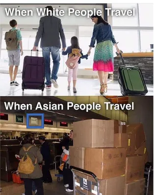 Figure D. A meme comparing  Caucasian to Asian travelers (@thingsthatareyeethay, n.d.) 