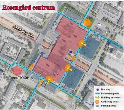 Figure 5 A map of Rosengård Centrum highlighting gathering points and entrances. The center consists of  two buildings built together with an indoor bridge above Amiralsgatan 