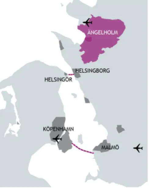 Figur 1: Ängelholms läge i  Öresundsregionen. 