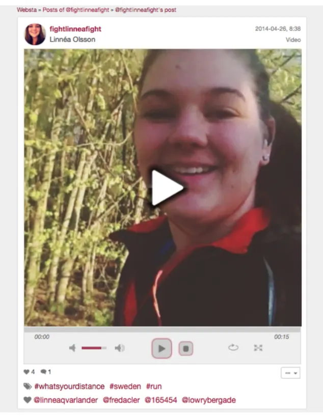 Figur 12. Ett exempel på en deltagare som valt att publicera ett videoklipp  från sin löprunda (WEBSTA Instagram Web Viewer, 2014[1])