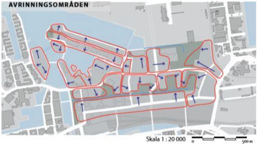 Figur 2: Schematiska avrinningsområden hämtade från den fördjupade översiktsplanen för Nyhamnen  (Stadsbyggnadskontoret, 2018)