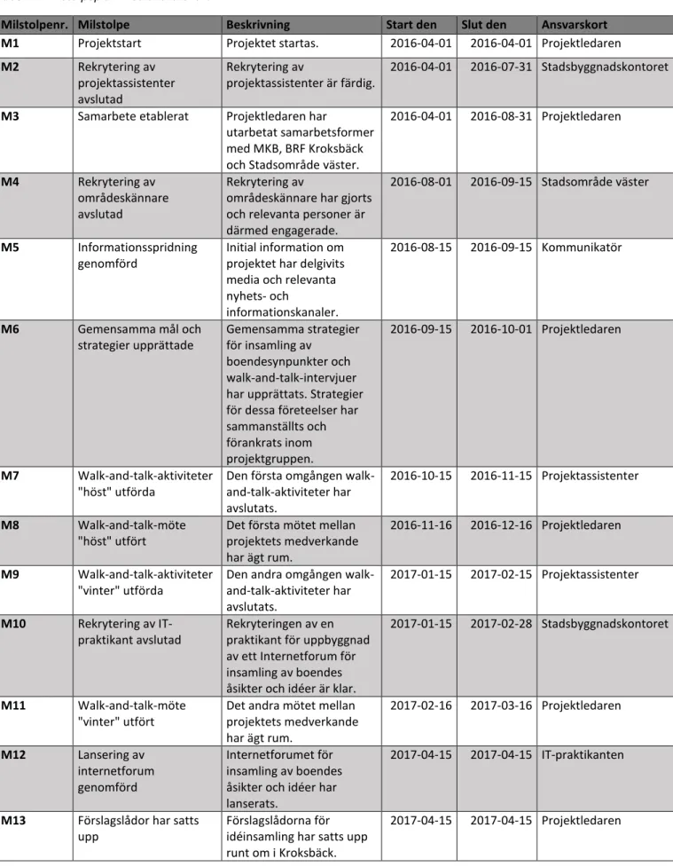 Tabell 4. Milstolpeplan med ansvarskort 