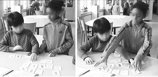 Figure 3. Ella and Gnar start by searching for sets together. In the still image to the left, the matching area   has moved over to Gnar’s side of the table