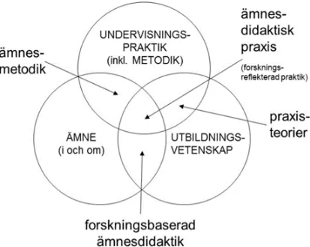 Figur 1. Venndiagram för att beskriva innehållet i integrativa lärarprofessionsämnen. (Sjöstörm, 2018a, s