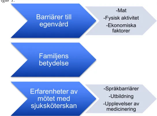 Figur 1.  Barriärer+till+ egenvård 9Mat 9Fysisk aktivitet9Ekonomiska+ faktorer Familjens+ betydelse Erfarenheter+av+ mötet+med+ sjuksköterskan 9 Språkbarriärer9Utbildning 9Upplevelser+av+ medicinering