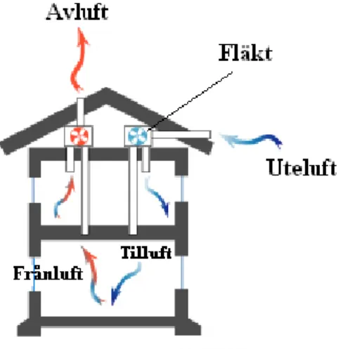Figur 3.1, ett från- och tilluftsventilerat hus. Blåa pilar visar frisk luft och röda pilar visar gammal luft