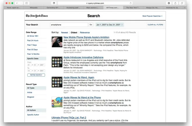 Figure	 08:	 Screenshot	 of	 search	 results	 on	 NYT	 website	 for	 “smartphone”	 year	 2007	 (NYT	 Search	