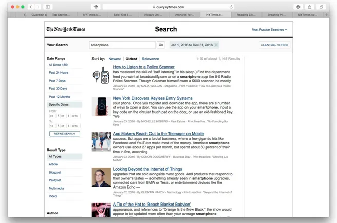 Figure	 09:	 Screenshot	 of	 search	 results	 on	 NYT	 website	 for	 “smartphone”	 year	 2016	 (NYT	 Search	