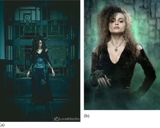 Figure 3. Contrasting images of (a) a cosplay photograph of Bellatrix Lestrange from /r/harrypotter and (b) a photograph  of Helena Bonham Carter as Bellatrix Lestrange (“Bellatrix Lestrange,” 2012)