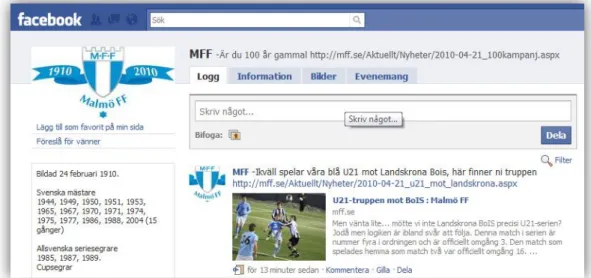 Figur 3 MFF:s officiella sida på Facebook (Facebook, 2010) 