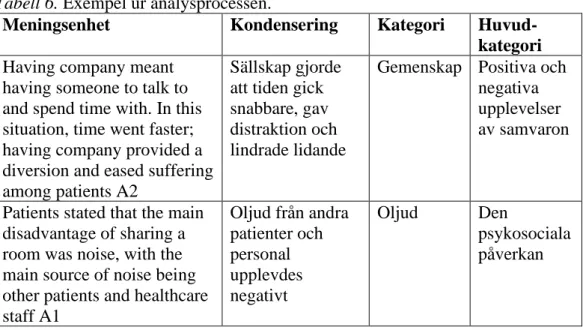 Tabell 6. Exempel ur analysprocessen. 