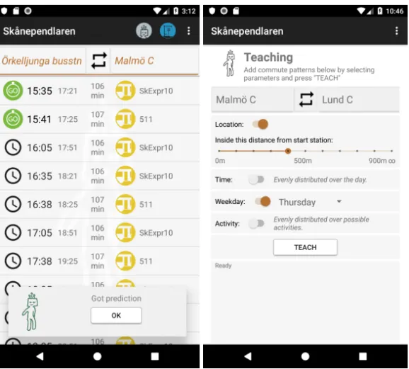 Figure 1: Commuter design experiment. To the left, a prediction arrived and the app collected relevant journey information from the service provider