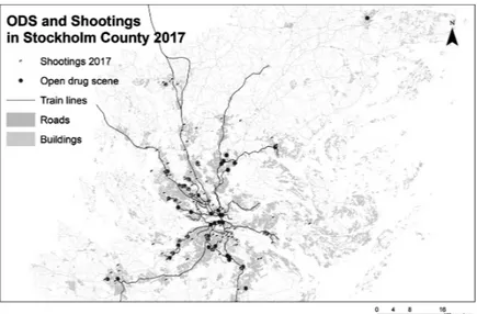 Figure 16.3  ODS and shootings in Stockholm county 2017.
