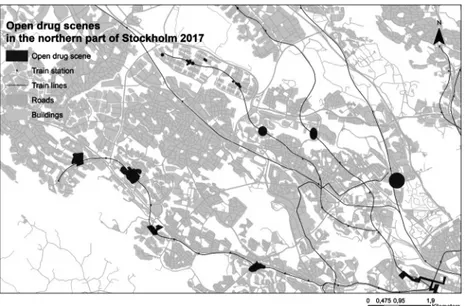 Figure 16.2  ODS and train lines in the northern part of Stockholm, 2017.