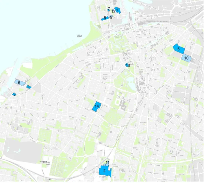 Figur 4.1 En karta över Malmö med de utvalda detaljplanerna numrerade och markerade i blått