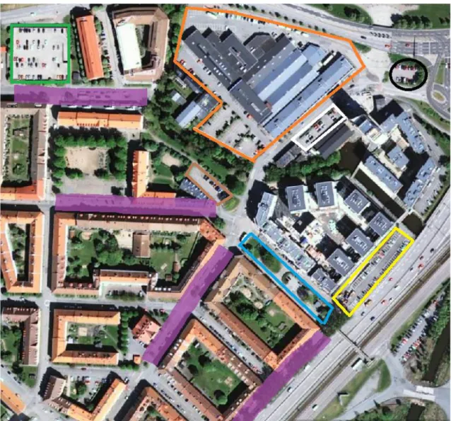 Figur 8. Parkeringsplatsernas lokalisering (baserad på flygbild från Eniro). Den stora trafikleden i  nedre högra delen är Lundbyleden