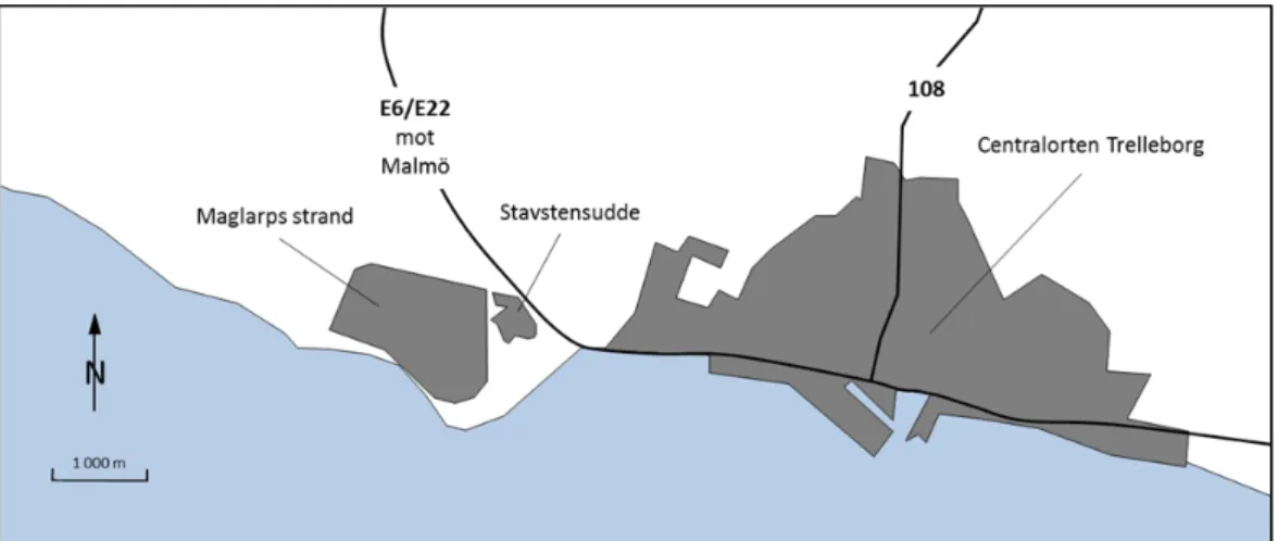 Figur 4  Stavstensudde och Maglarps strand 4  i förhållande till större vägar och övrig  bebyggelse i centralorten