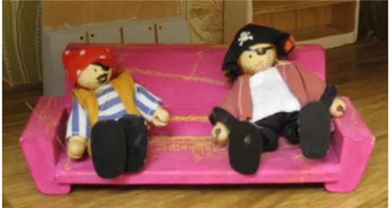 Figure 9: Two wooden pirate dolls sitting on a pink sofa. The morphology of these dolls is consistent with  the majority of the dolls in the preschool setting.