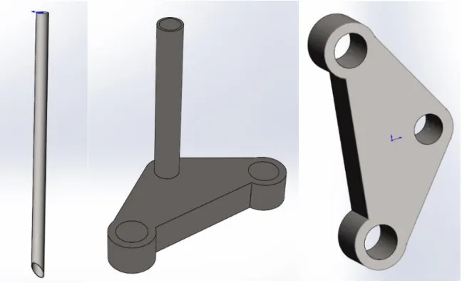 Figur 9. Framgaffelns olika komponenter. Rör (vänster), styrkomponent och undre stödkomponent  (mitt), övre stödkomponent (höger)