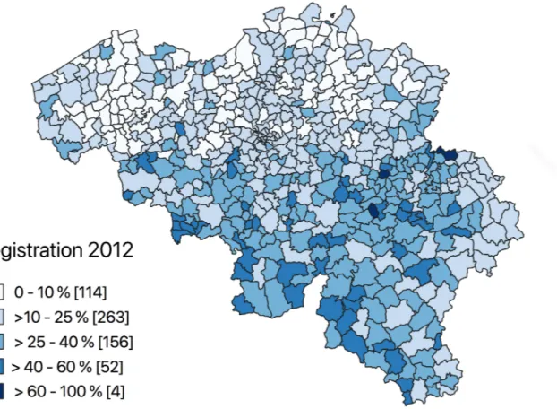 Figure 3: Registration rates (% of eligible EU citizens registered) by municipality, 2012,  Belgium 